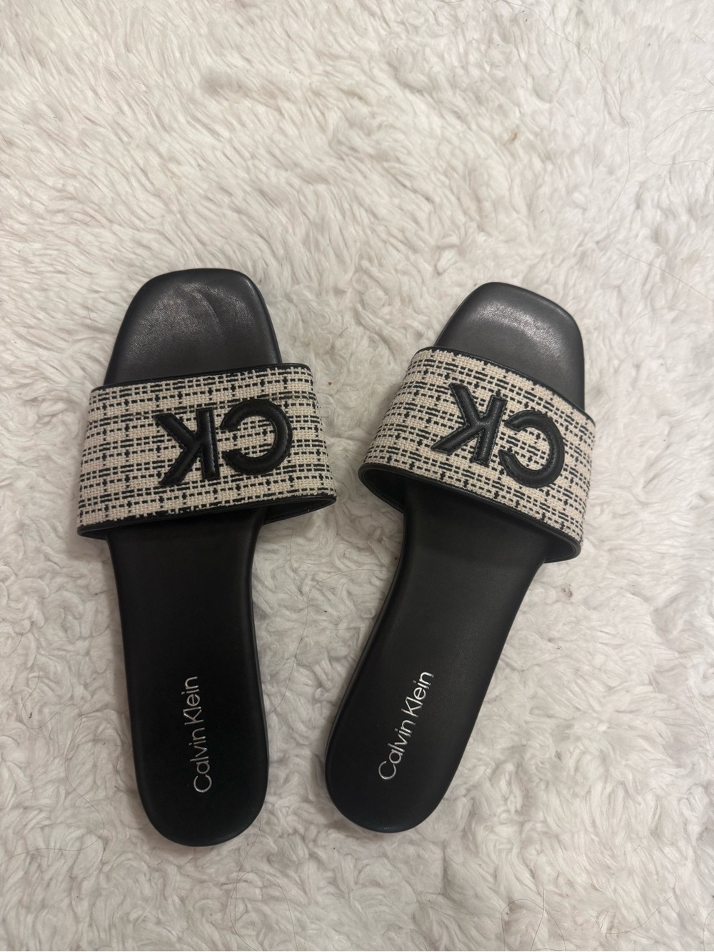 Calvin Klein Black & Cream Logo Slide Sandals